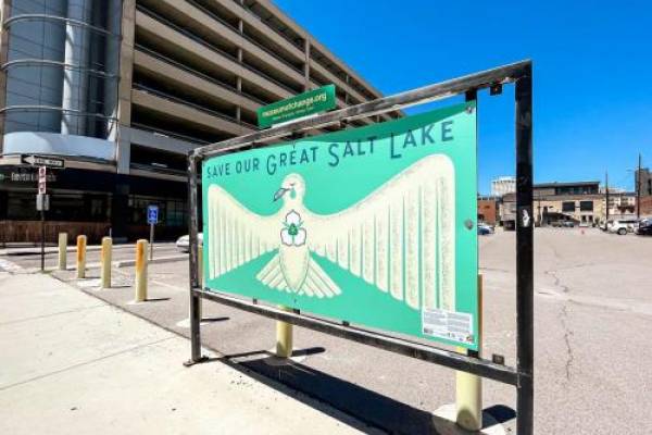 A painting from the Celebration of the Hand: Save Our Great Salt Lake on 300 South in Salt Lake City Tuesday afternoon. It is one of over a dozen that highlight the issues with the drying Great Salt Lake, which reached a record low this week. (Photo: Carter Williams, KSL.com)