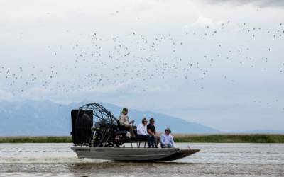 Chad Cranney, assistant wildlife manager for the Utah Division of Wildlife Resources, pilots a fan boat carrying Sen. Mitt Romney, R-Utah, Utah House Speaker Brad Wilson, R-Kaysville, and Utah Rep. Joel Ferry, R-Brigham City, left to right, on a tour of the Great Salt Lake in Farmington Bay on Friday, Aug. 19, 2022. Spenser Heaps, Deseret News