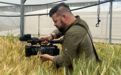 FOX 13 News reporter Ben Winslow films experimental wheat crops at the Volcani Institute in Israel on March 29, 2023. (Limor Ashkenazi / Israel Connect)