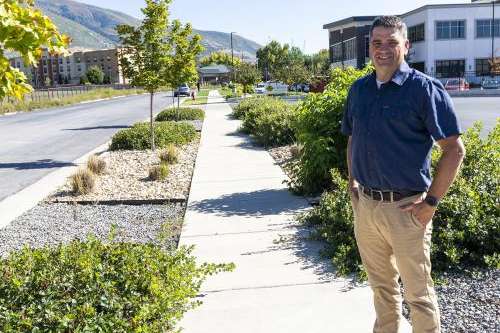 (Rick Egan | The Salt Lake Tribune) Jake Young, landscape architect designed this park strip in Farmington, on Monday, Sept. 25, 2023.