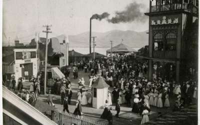 Photo showing crowds on the walkways at Saltair Resort, Utah, in 1908. From the Edward P. Jennings Photograph Collection housed at Special Collections, J. Willard Marriott Library, The University of Utah.  