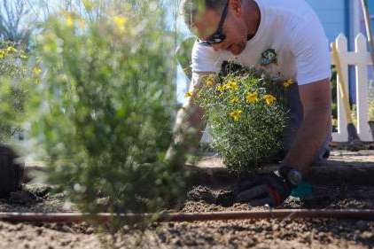 Brandon Miller, with Ikon Landscaping, plants water-wise plants in a park strip in Herriman on Sept. 21, 2021, during the launch of “Flip Blitz,” a landscape diversification and water conservation program from the Utah Division of Water Resources. Removing turf-based park strips can save thousands of gallons of water annually, according to conservation experts. (Shafkat Anowar, Deseret News)
