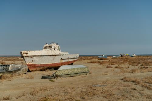Fishing boats are left high and dry near the shores of the Aral Sea in western Kazakhstan after the industry disappeared in the early 1990s as the lake began to dry up. (Abduaziz Madyarov | The Great Salt Lake Collaborative) 