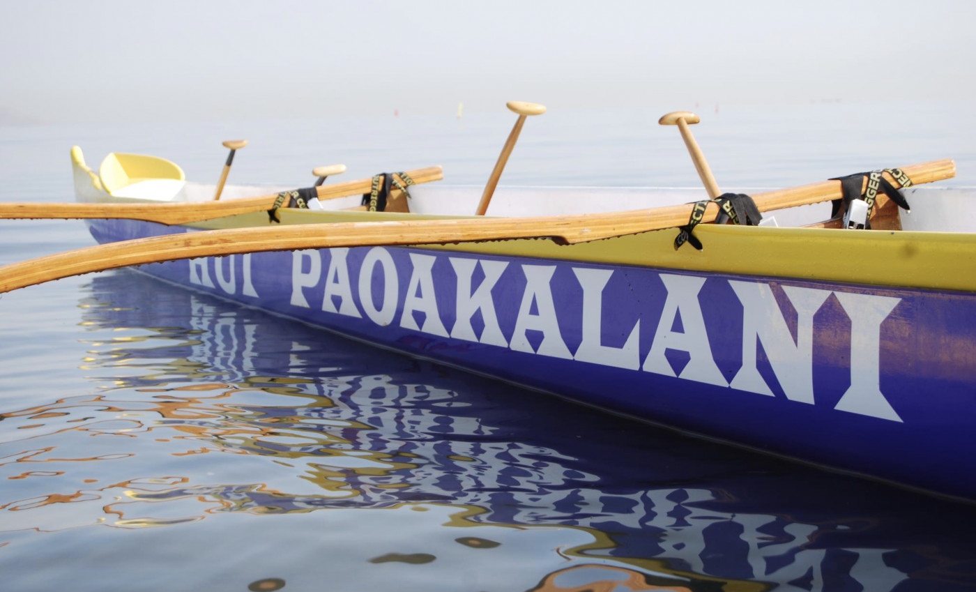 A traditional “Malia” style fiberglass canoe, named Kai Lana Kaleo, was later converted into a Hawaiian sailing canoe. (Photo courtesy of Hui Paoakalani Hawaiian Outrigger Canoe Club).